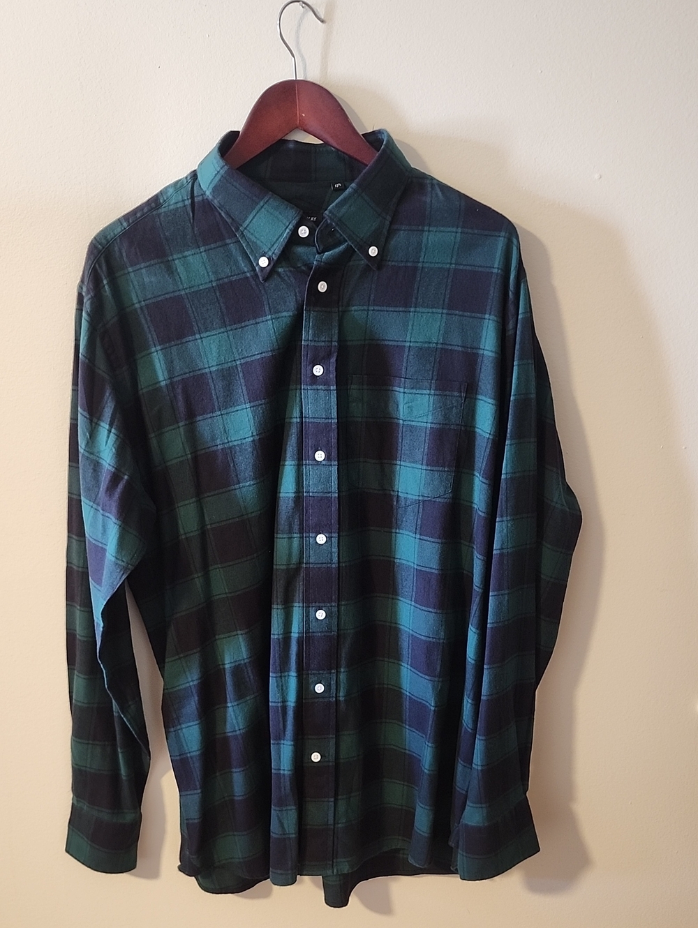 Men's Long-Sleeve Button-Down Plaid Shirt - Green & Navy